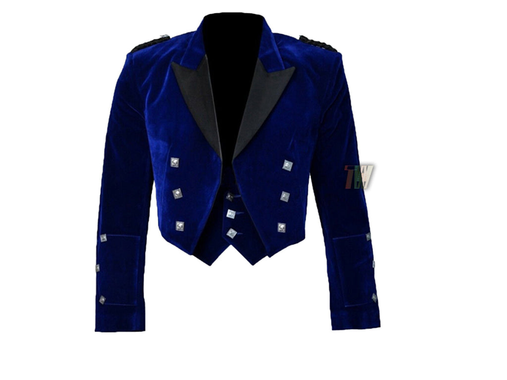 Blue Velvet Scottish Prince Charlie Kilt Jacket With Waistcoat Satin Lapels -Sizes 36"- 54"