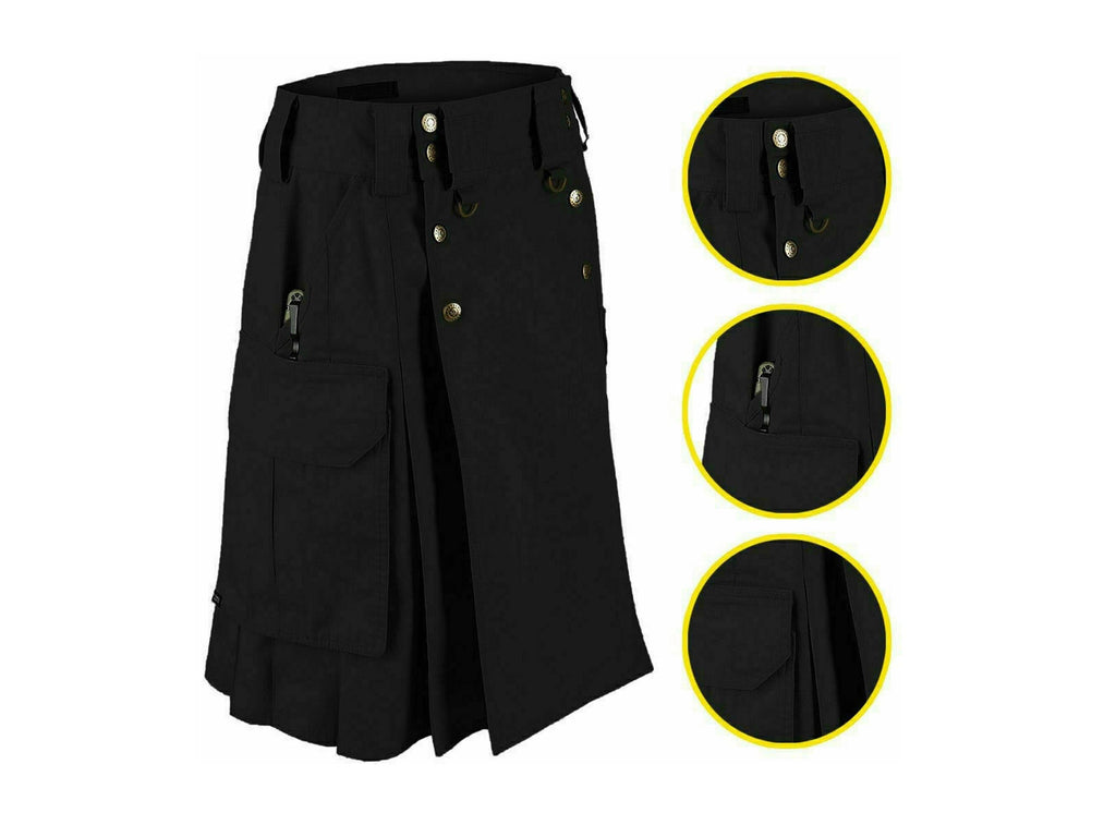 Men's Black Active Tactical Combat Cargo Uniform Battle Utility Kilt With Side Pockets