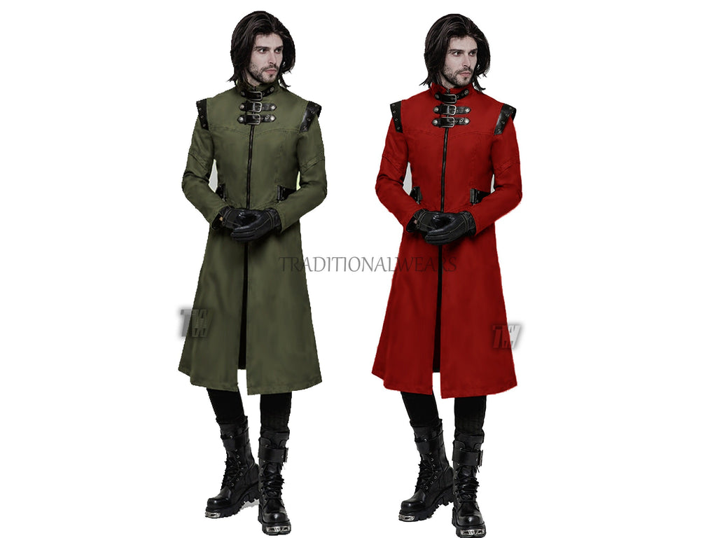 Men�s Gothic Military Fashion Style Faux Leather Trench Jacket Steampunk Long Coat