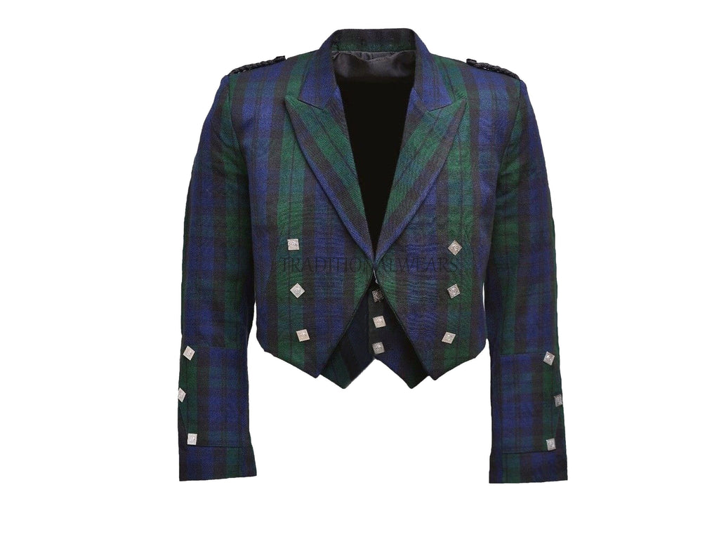 Prince Charlie Black Watch Tartan Kilt Jacket With Waistcoat/Vest - Sizes 36- 54