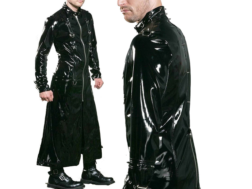 Gothic Vinyl PVC Hell Raiser Fetish EMO Spike Stud Coat Steampunk Latex Look Trench