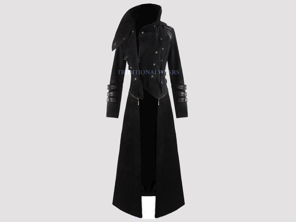Men Black Steampunk Military Trench Jacket Gothic Long Coat Scorpion Hooded Trench