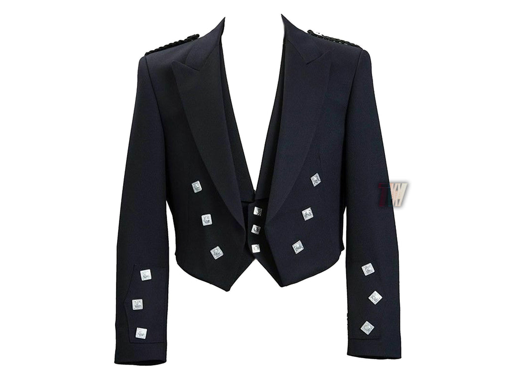 Men's Black Scottish Prince Charlie Kilt Jacket With Waistcoat/Vest - Sizes 36"- 54"