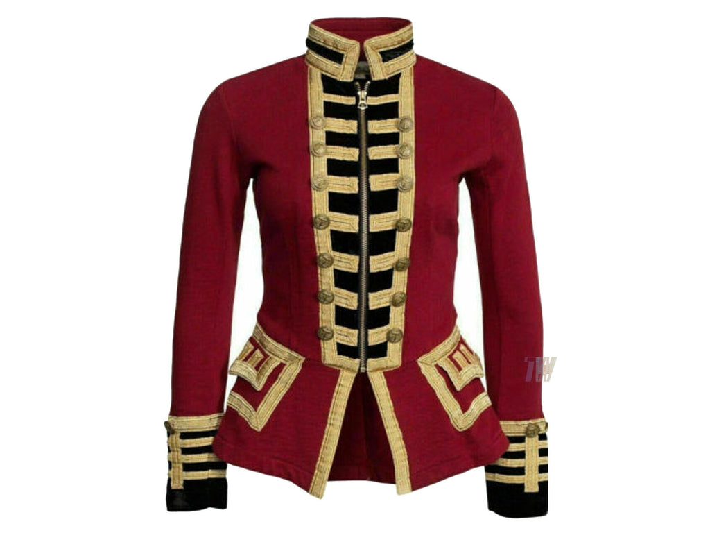 Women Military Blazer Red Wool French Terry Officer's Commander Band Jacket