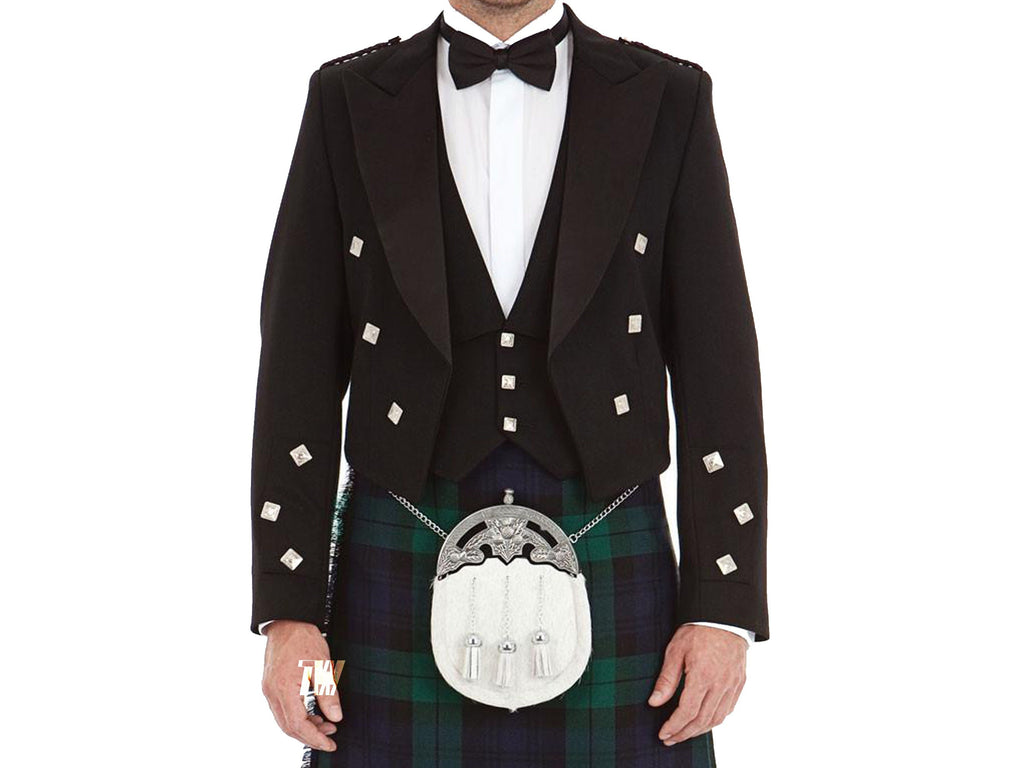 Prince Charlie Jacket 100% Black Barathea Wool Jacket With Waistcoat-All Sizes