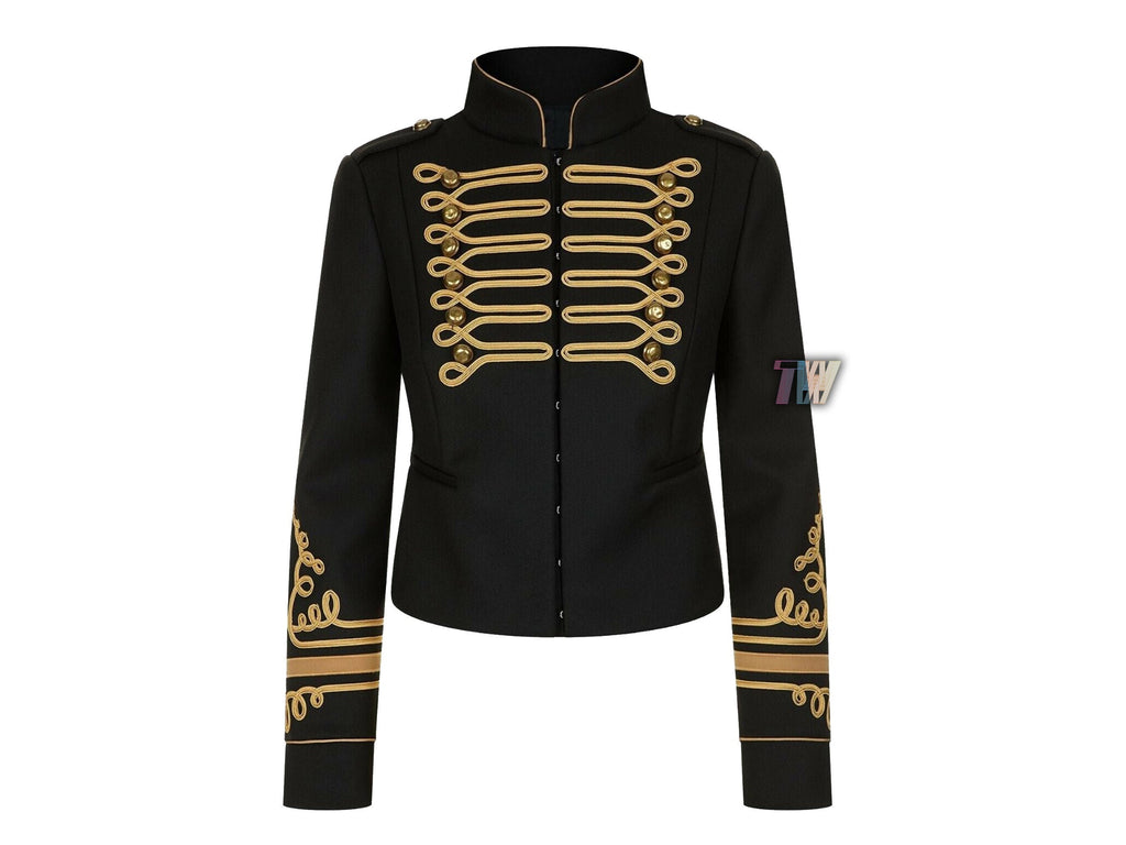 Ladies Fashion Gold Braid Jacket Women Black Cotton Military Commander Officer Hussar Banned Jacket