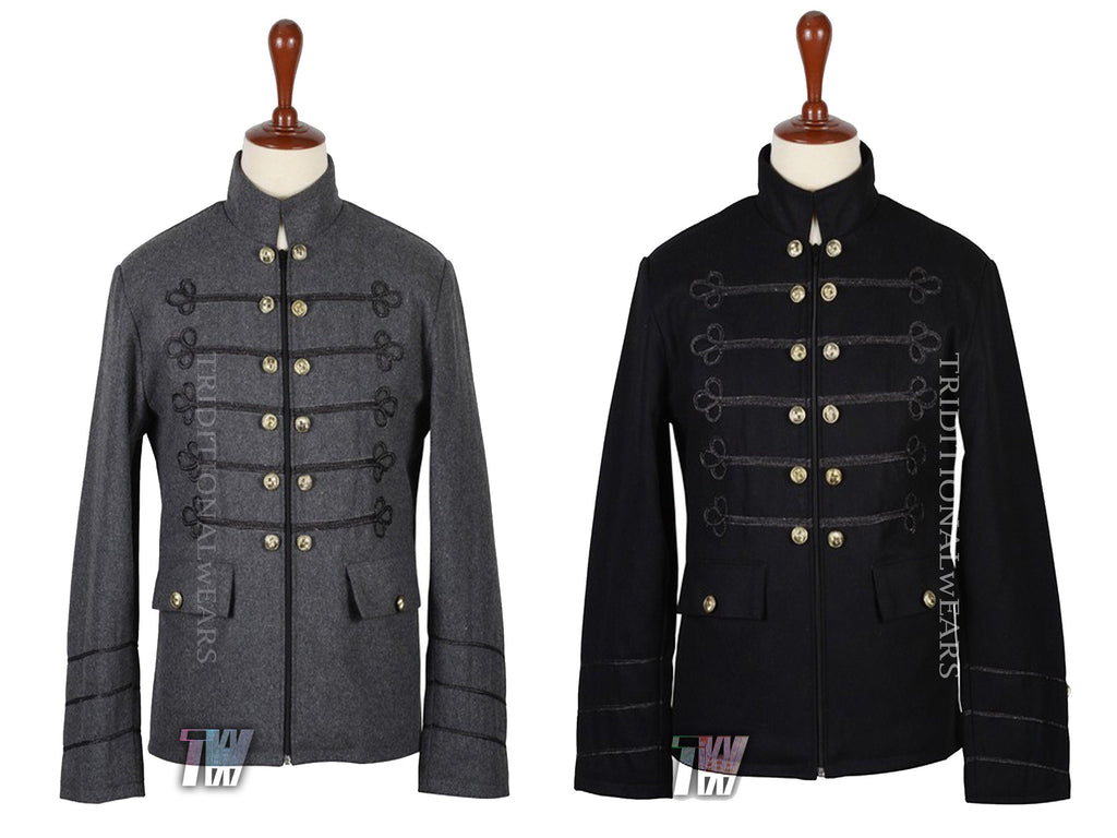 Men�s New Grey & Black Wool Napoleon Steampunk Style Military Gothic Zipper Jacket