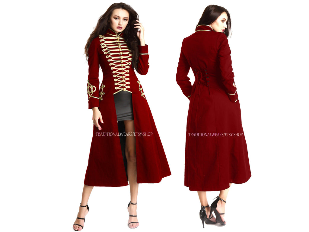 Women Red Long Gothic Coat Officer Hussar Steampunk Fashion Jacket Style Gold Gilding For Ladies