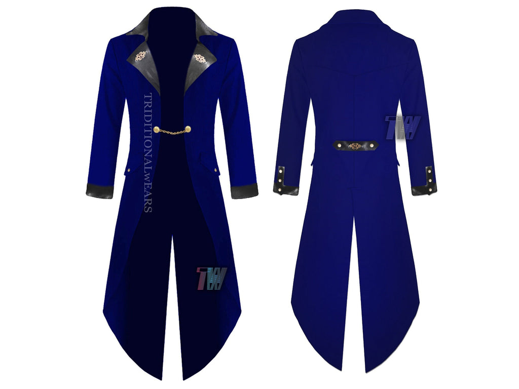 Men New Medieval Blue Velvet Victorian Style Tailcoat Gothic Steampunk Jacket Vampire Costume