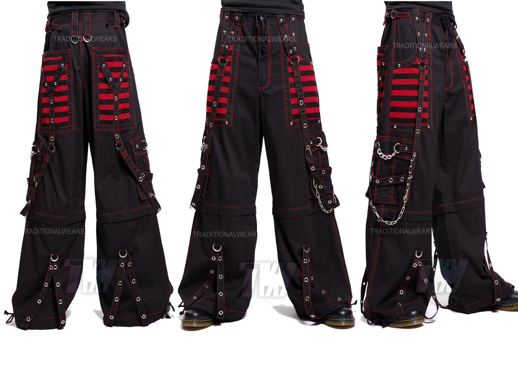 Men's Electro Bandage Red Black Rave Gothic Cyber Chain Goth Jeans Punk Rock Baggy Pant