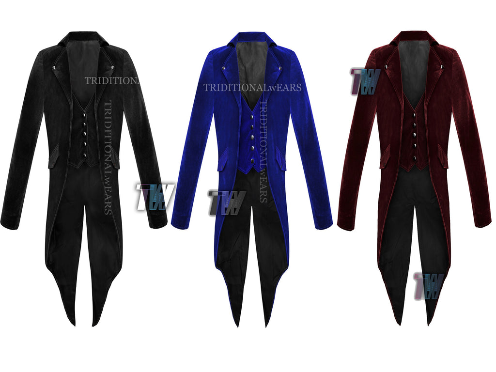 Men New Edwardian Steampunk Tailcoat Velvet Jacket Victorian Coat VTG