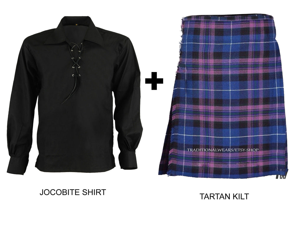 Men's Scottish Highland Traditional 6-yard Tartan Kilts With Black Jacobite Ghillie Shirt-All Sizes