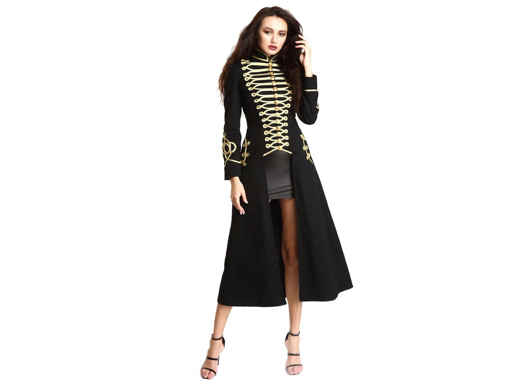 Ladies Black Long Gothic Coat Officer Hussar Steampunk Fashion Jacket Style Gold Gilding For Women