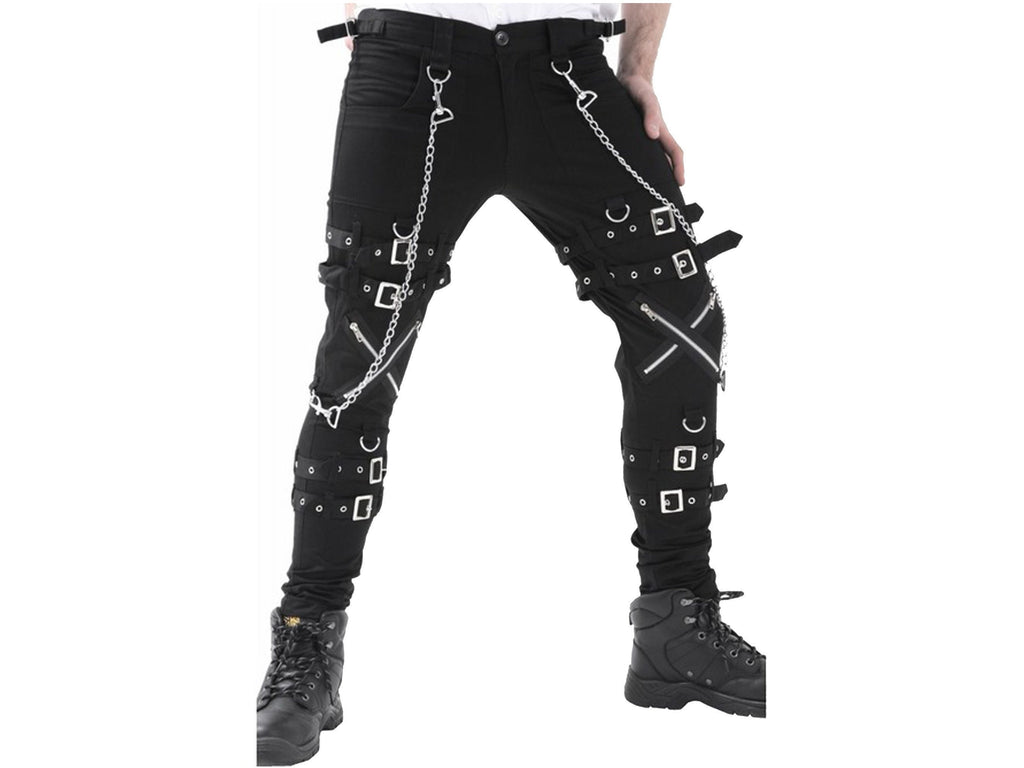 Men's Gothic Dead Threads Pant Black Punk Buckle Zips Chain Strap Punk Trousers