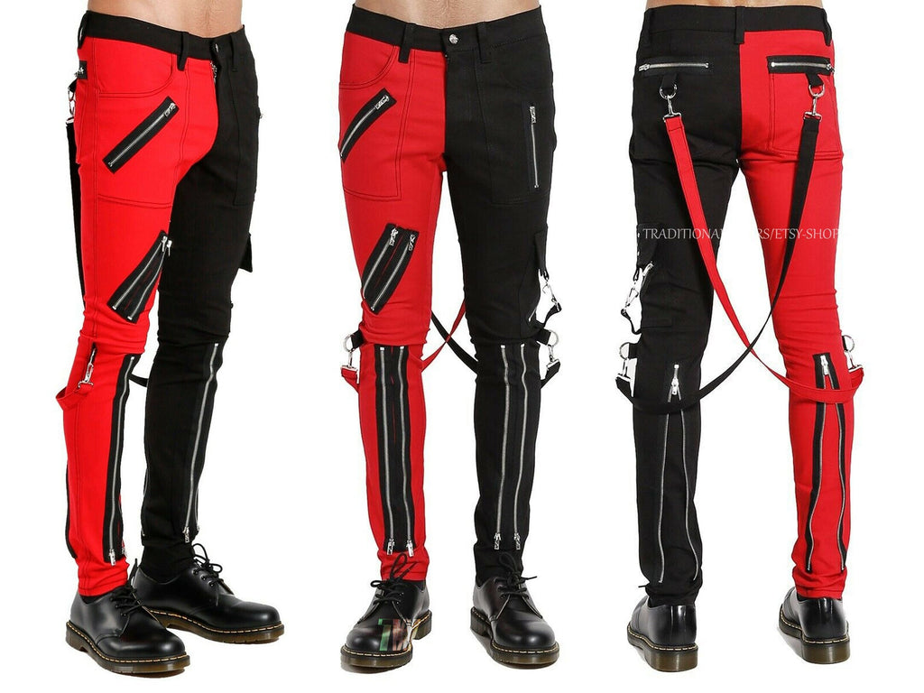 Prime Quality Men Gothic Bondage Gents Pant Red & Black Cotton Pants  Rock Hard Trouser Heavy Weight Pant EMO Fetish Pants