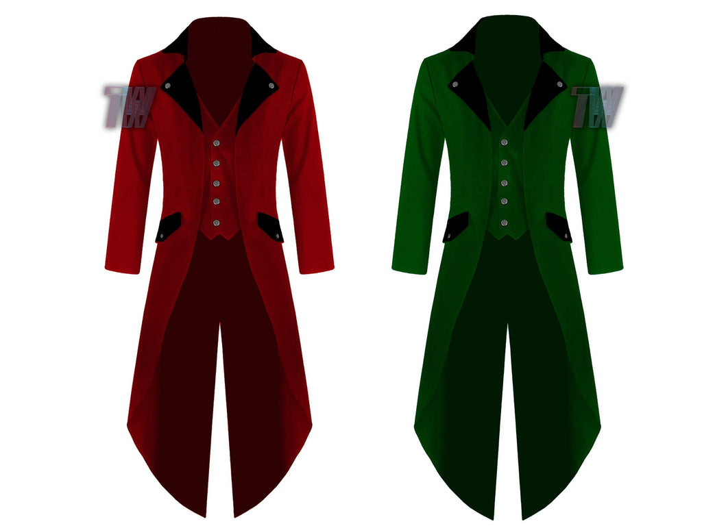 Men's Steampunk Tailcoat Jacket Red & Green Colors with Black Lapels Gothic Victorian Coat VTG