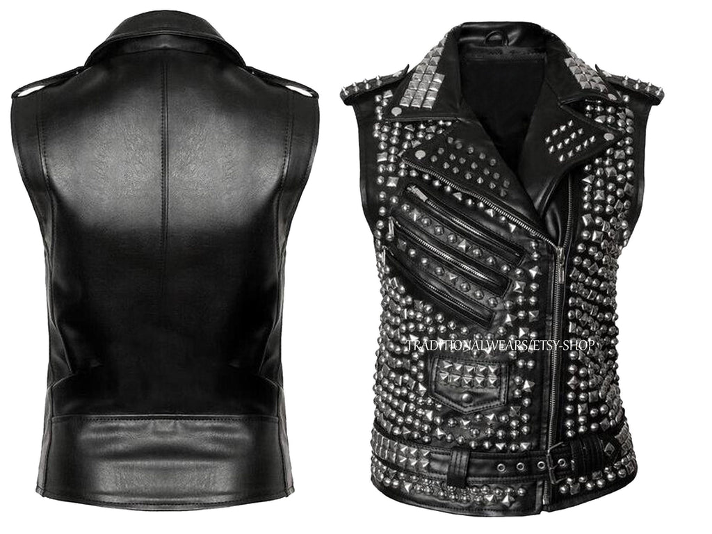 Men's Leather Studded Vest, Handmade Studded Leather Vest, Black Spike Belted Studs Zipper Brando Leather Vest Pocket made to order