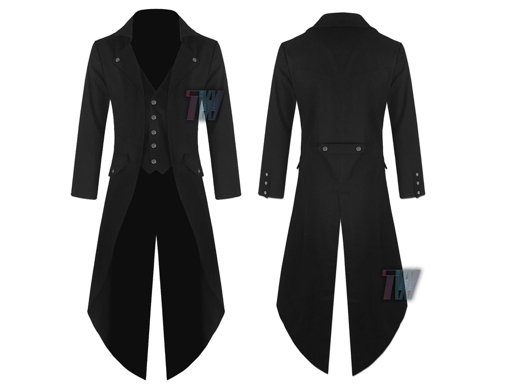 Men New Steampunk Tailcoat Jacket Black Gothic Victorian Coat VTG