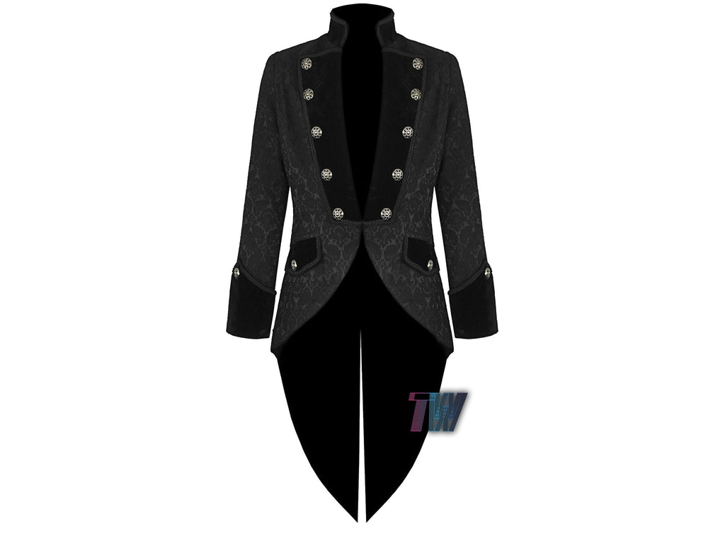 Men�s Black Brocade Steampunk Tail Coat Gothic Jacket Victorian VTG