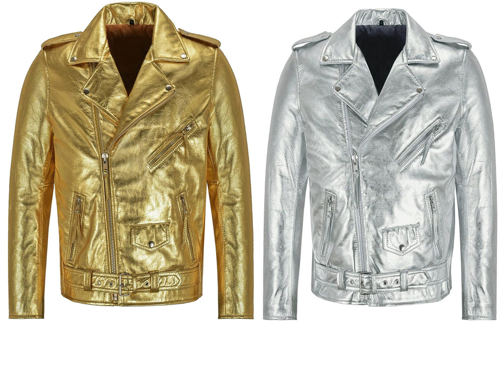 Men's Classic Modern Trendy Slim-Fit Gold/Silver Foiled Leather Jacket Biker Racer Jacket
