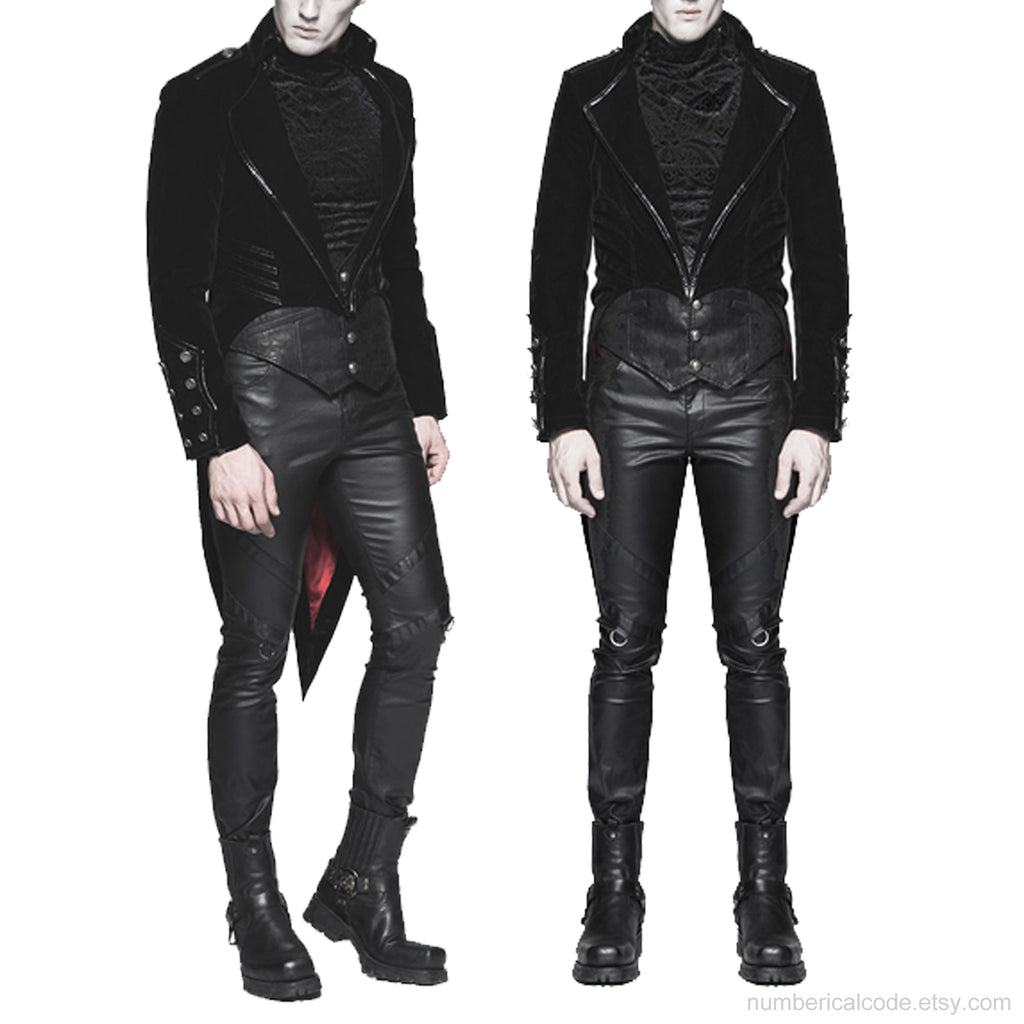 Men's Tailcoat Jacket Black Velvet Gothic Steampunk Vampire Swallowtail Costume