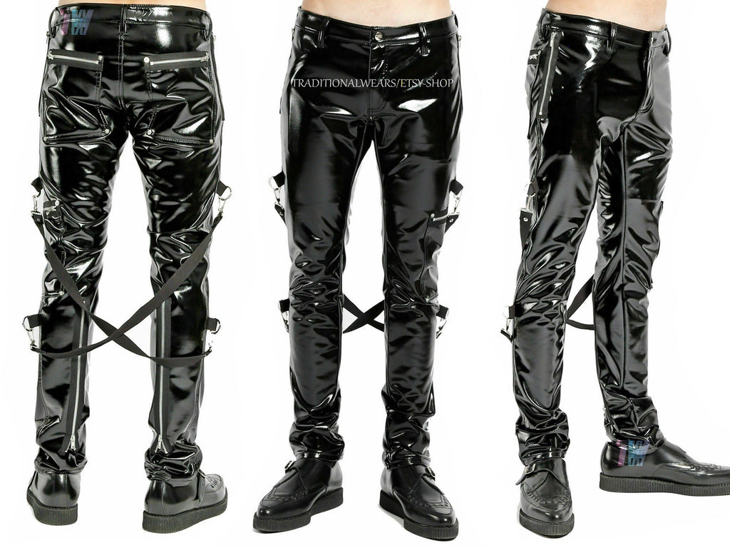 Skinny Jeans Gothic Supreme Chaos Vinyl Punk Rebel Fetish EMO Pants Straps