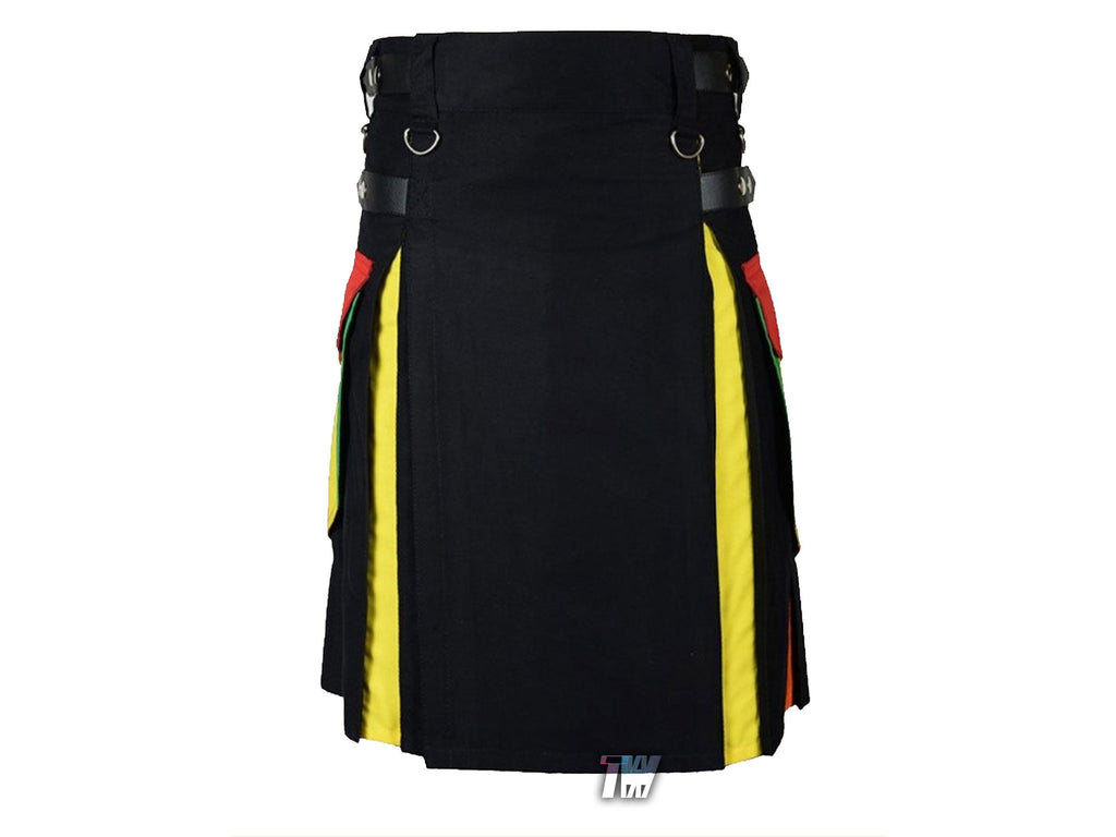 Men Modern Rainbow Leather Straps Cargo Utility Kilt Hybrid Multi Pride Color Skirt
