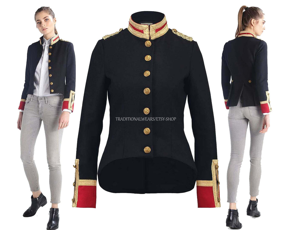 Ladies Black and Red Wool Military Commander Officer Hussar Gothic Blazer Banned Admiral Army Jacket
