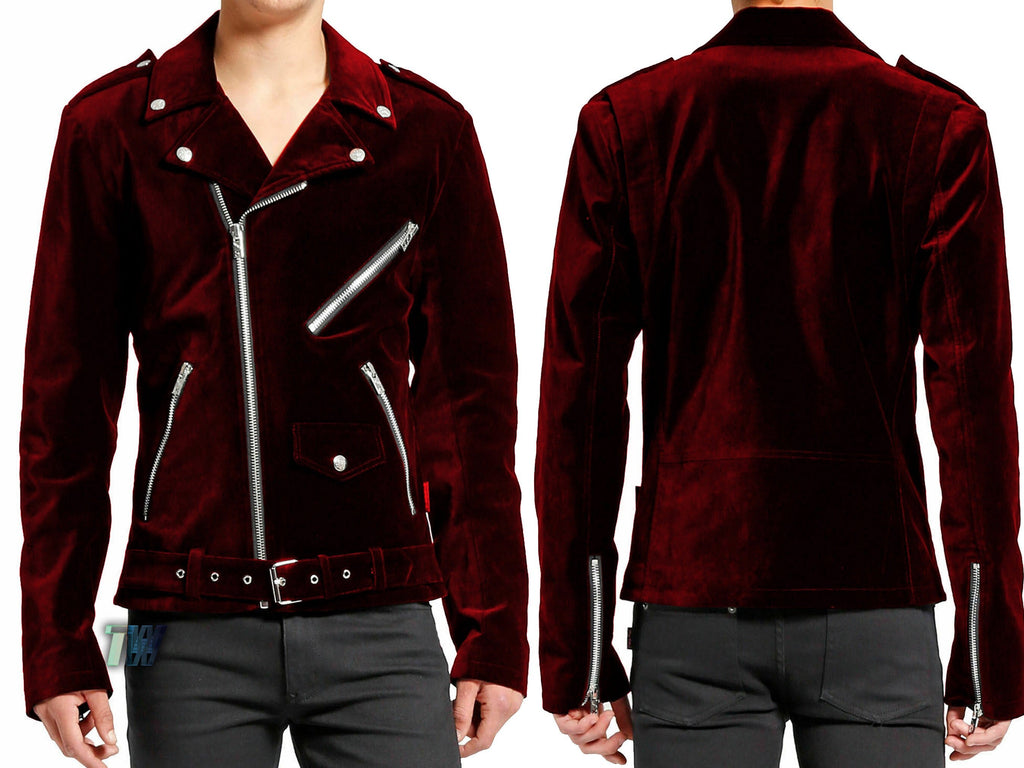 Men's Gothic Motor Bike Maroon Velvet Motorcycle Jacket Punk Fetish EMO Biker Jacket