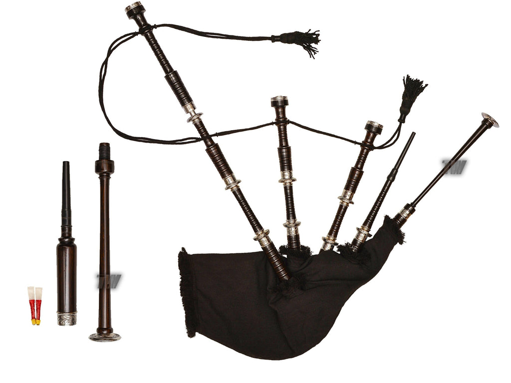 African Blackwood Scottish Great Highland Bagpipes Engraved Brass Mounts Black Tartan