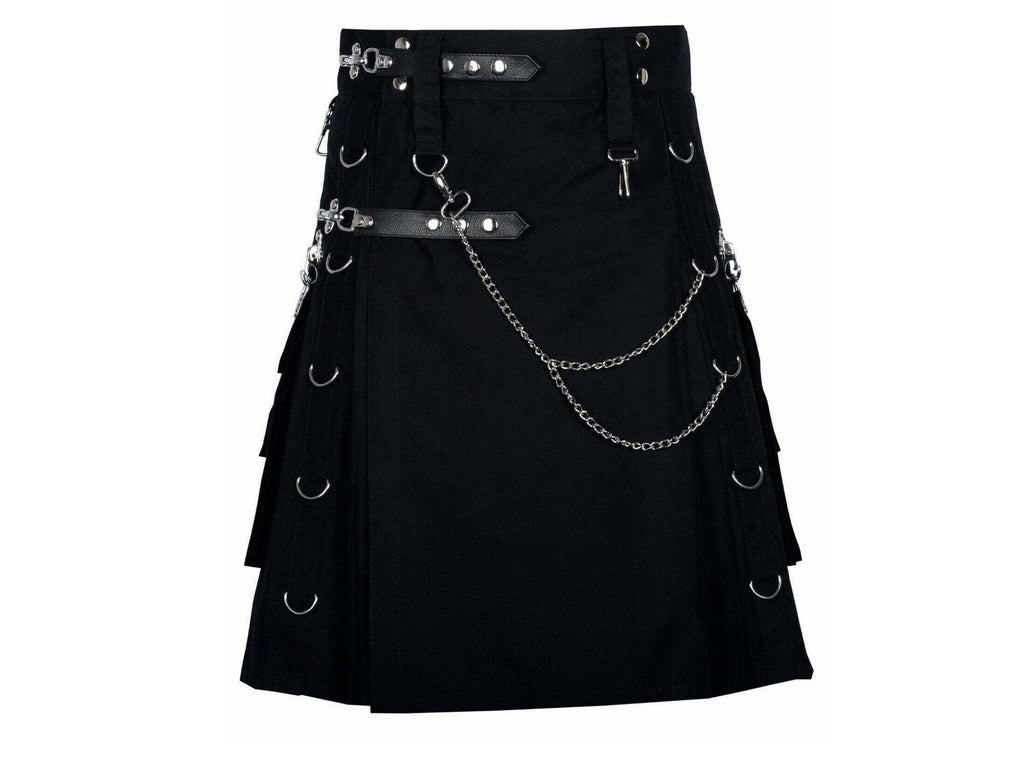Unisex Handmade Black Active Hunting Gothic Outdoor Punk Utility Kilt with Leather Straps