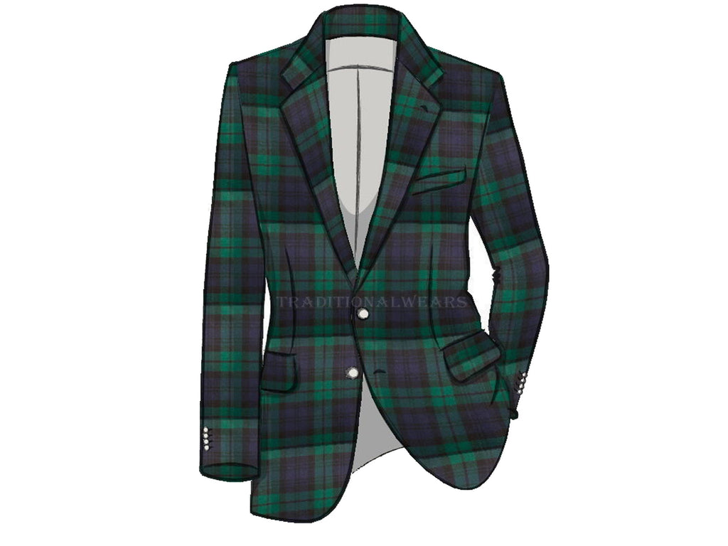 Men New Scottish Black Watch Tartan Single Breasted Blazer Jacket with Waistcoat �16Oz�-All