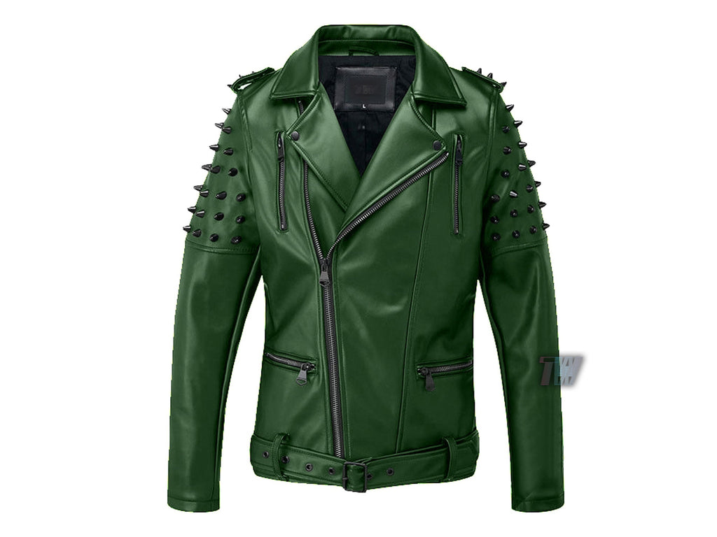 Men Green Stylish Faux Leather Jacket with Spiked Upper Sleeves Biker Jackets for men PU Leather Apparel