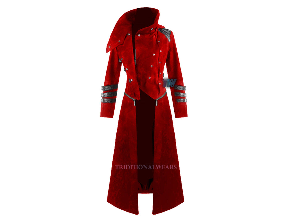 Men New Steampunk Red Scorpion Coat Long Jacket Gothic Vampire Hooded Trench