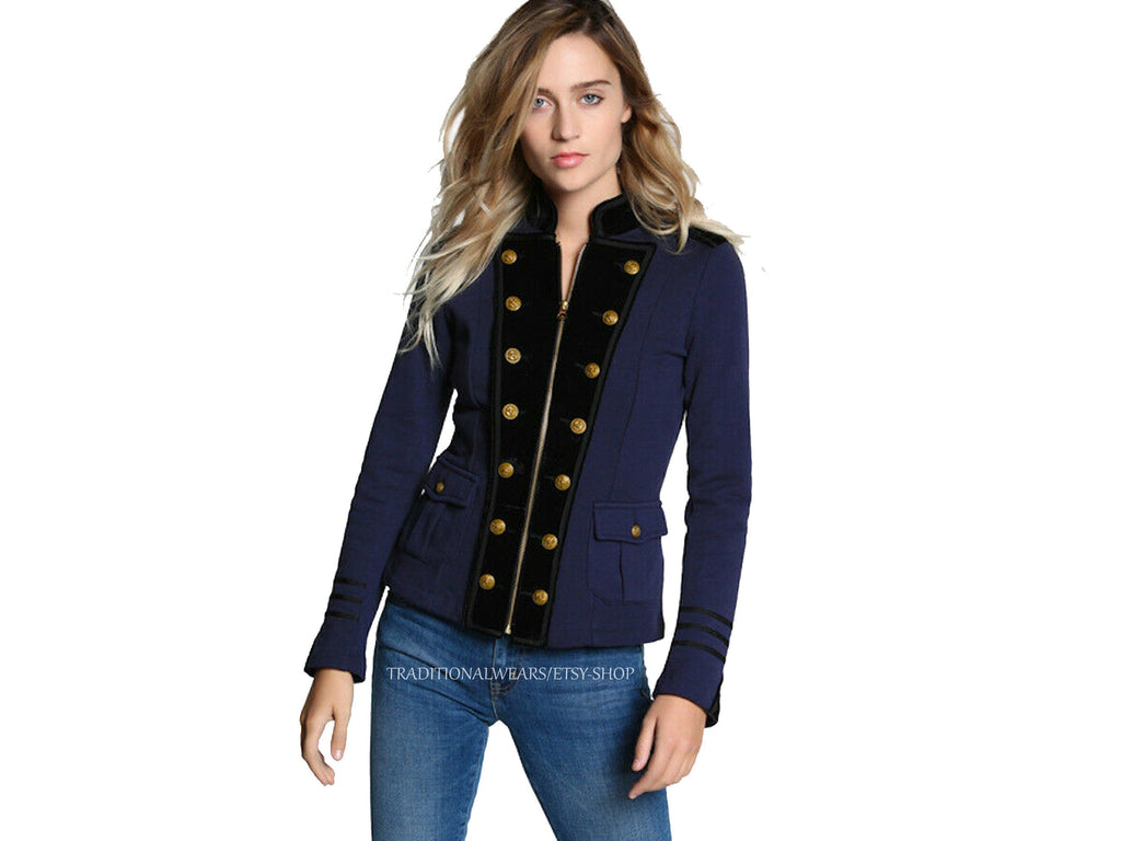 Women's Blue Black Wool Military Jacket Army Commander Officer Band Trench Steampunk
