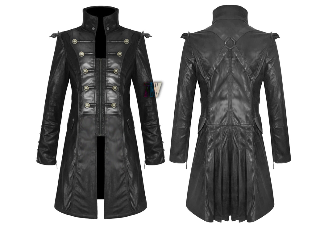 Men's Handmade Pirate Steampunk Jacket Black Goth Punk Faux Leather Military Coat