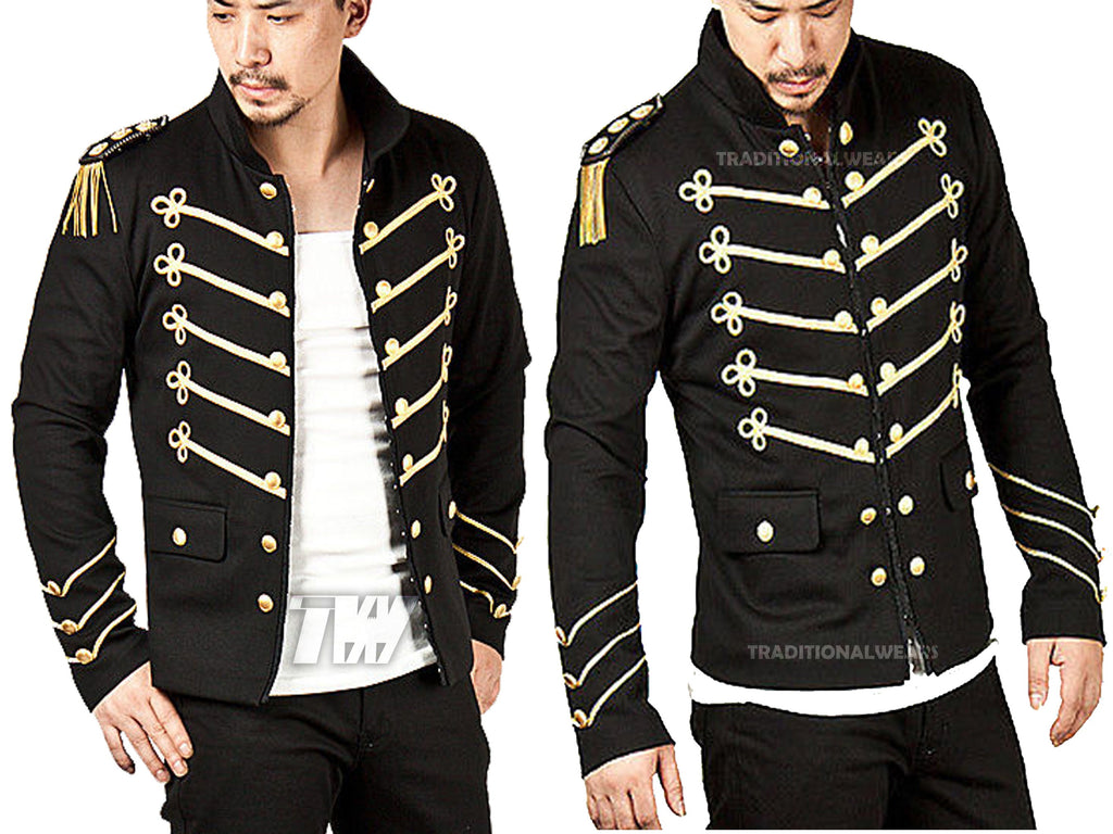 Men's Unique Modern Black Embroidery Military Napoleon Hook Jacket with epaulets