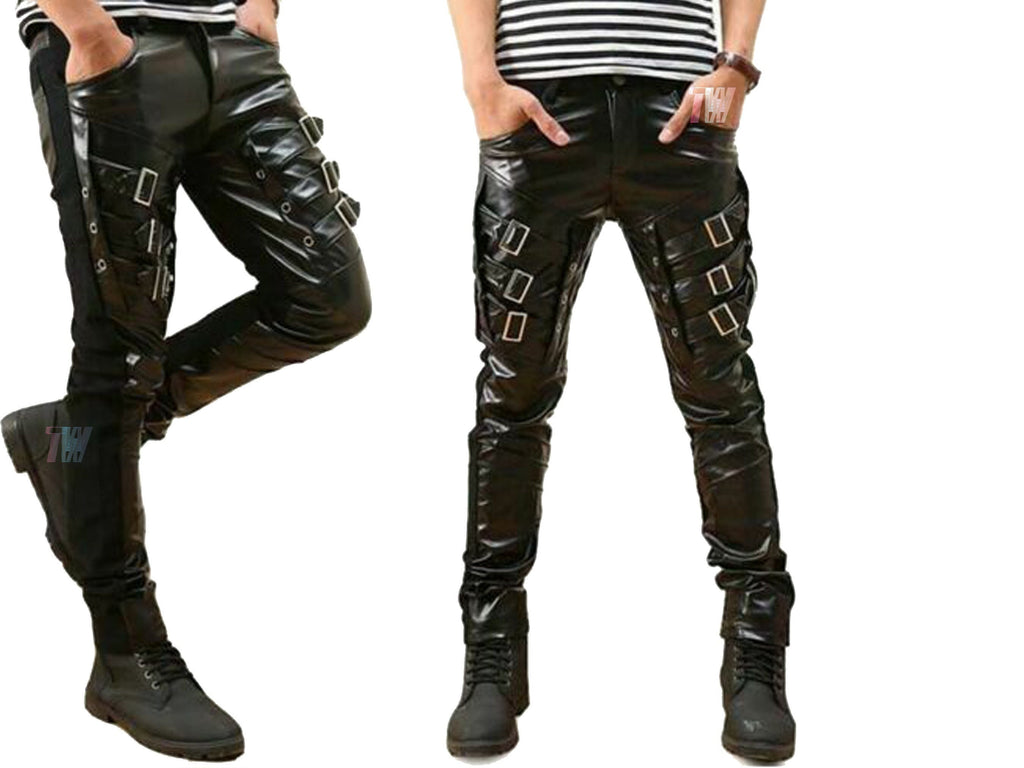 Men Gothic Punk Buckles Black PU Faux Leather Pants