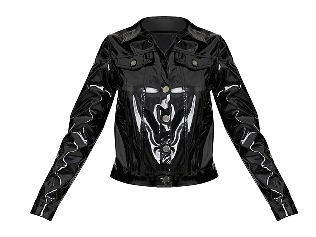 Women�s Vinyl Trucker Jacket Black PVC Ladies Shiny PVC Vinyl Jacket