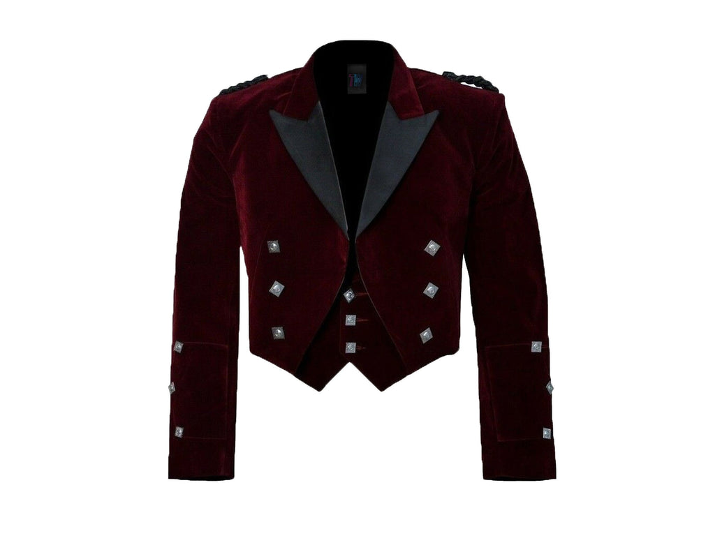 Red Burgundy Velvet Scottish Prince Charlie Kilt Jacket With Waistcoat Satin Lapels -Sizes 36"- 54"